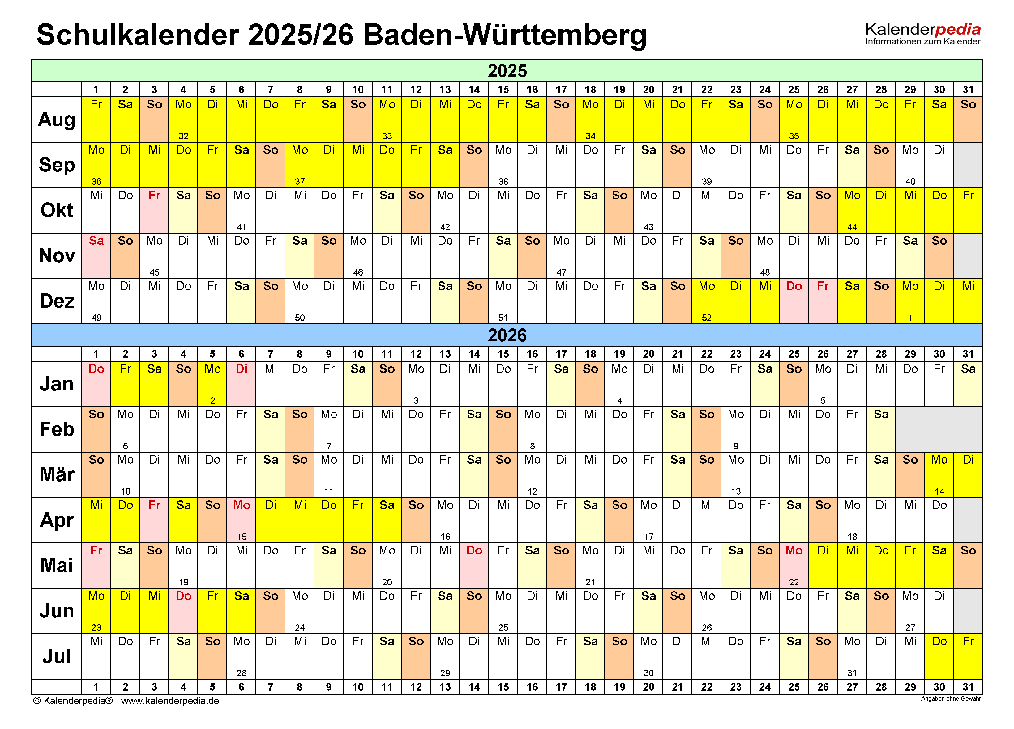  Foto zu Schulkalender 2025/2026 Baden-Württemberg für Excel 