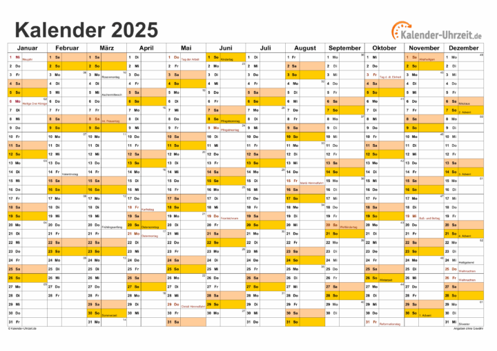 jahreskalender 2025 mit feiertagen