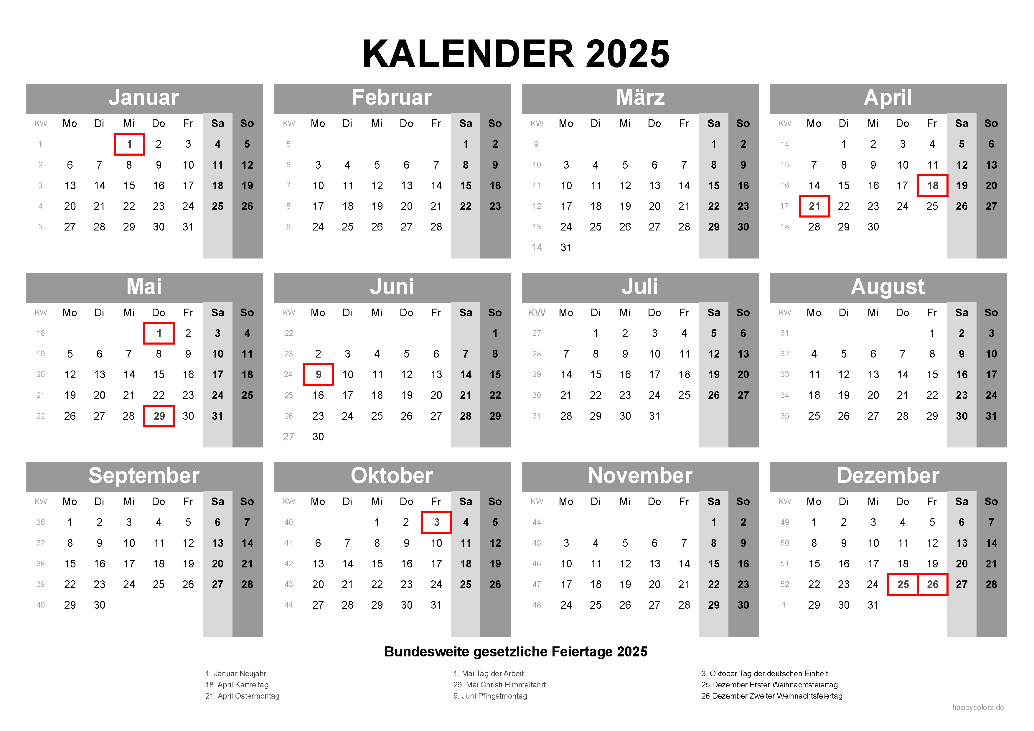  Kalender 2025 mit Kalenderwochen und Feiertagen (pdf, xls & png) Bildidee 