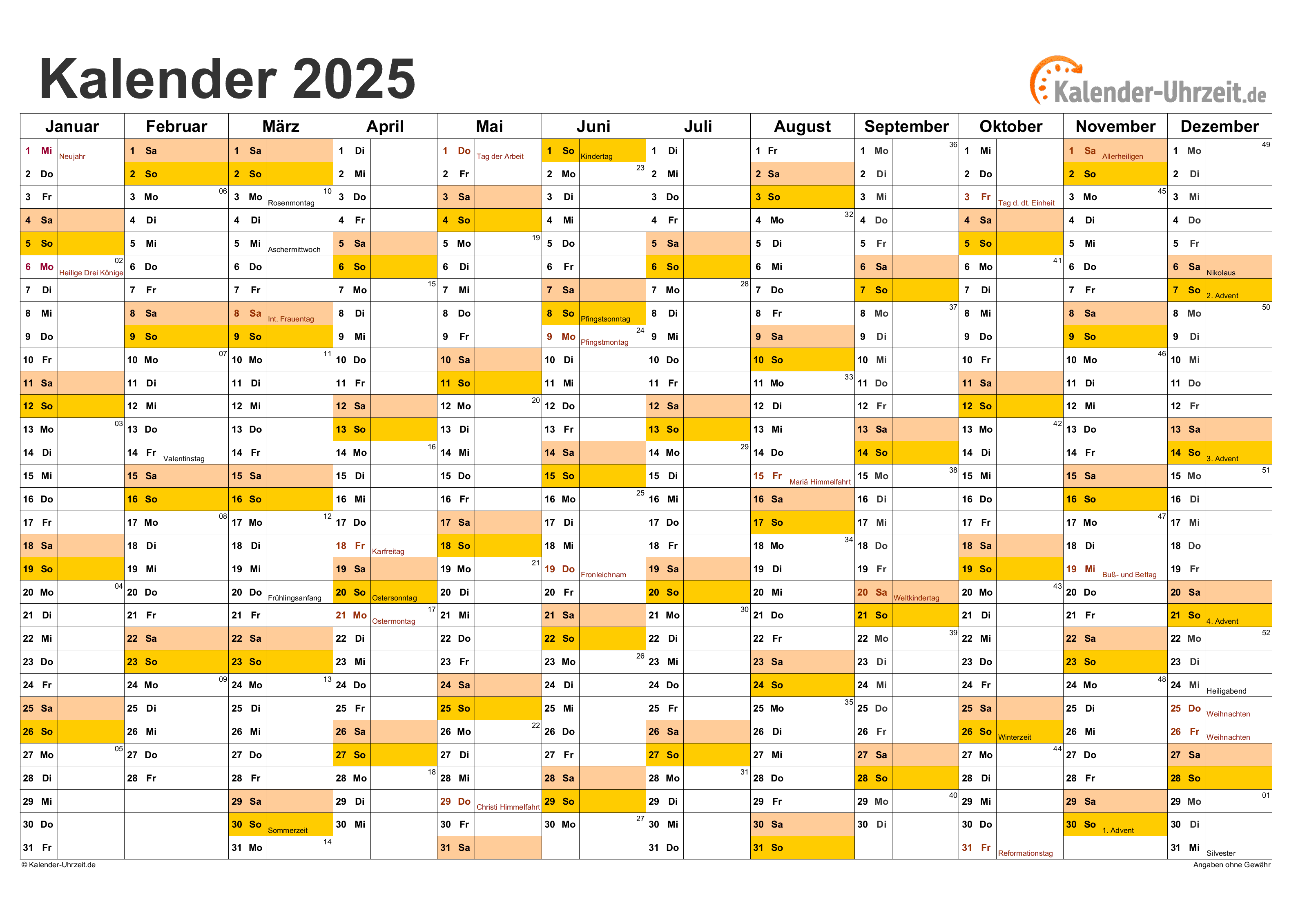  Kalender 2025 mit Feiertagen Illustration 