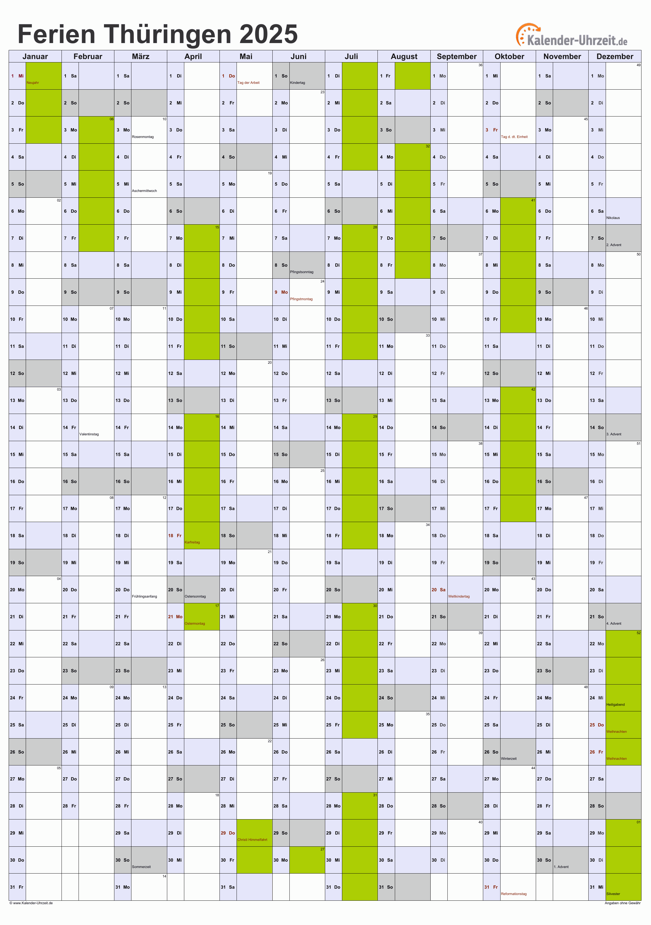  Ferien Thüringen 2025 - Ferienkalender zum Ausdrucken Illustration 