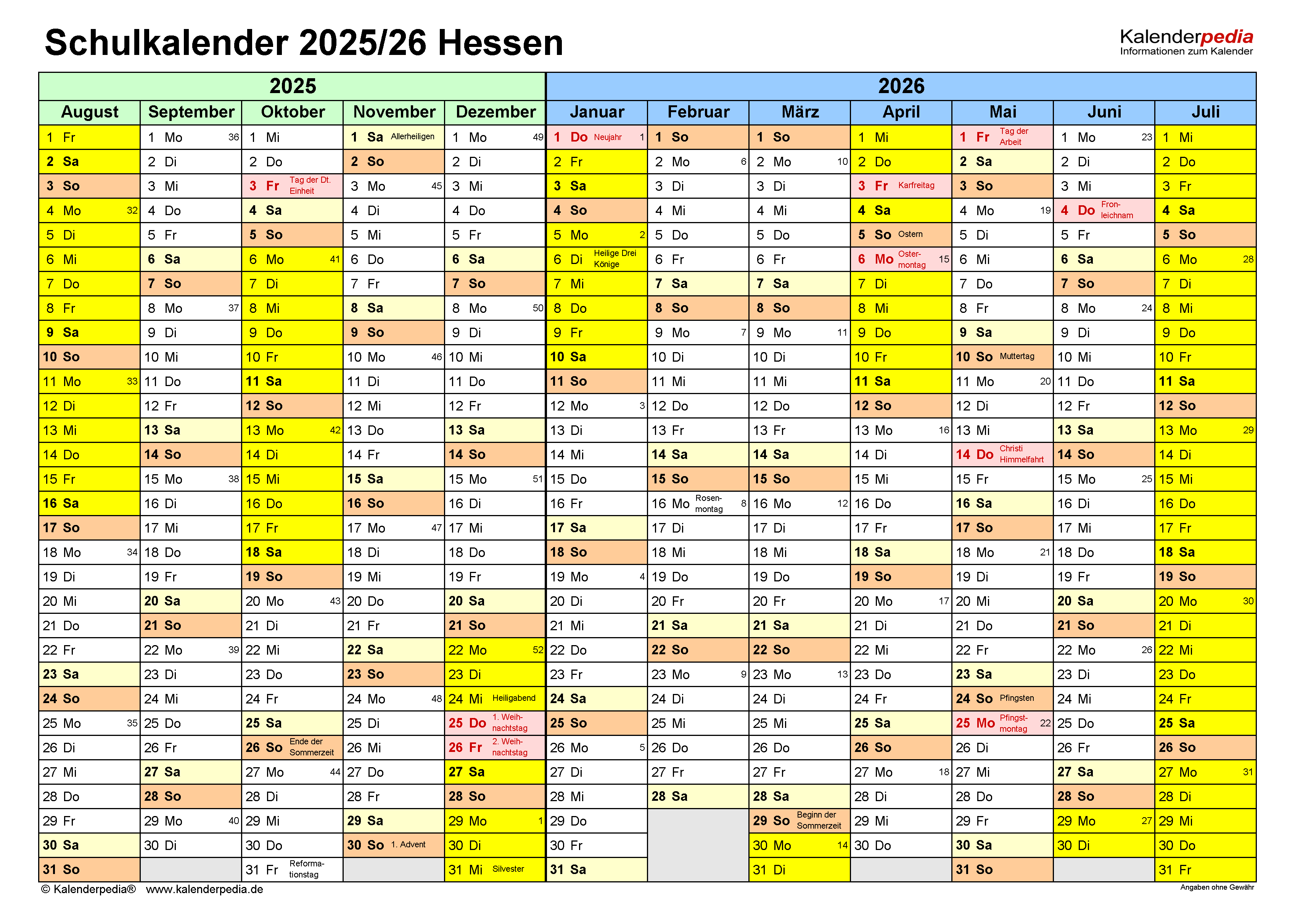  Schulkalender 2025/2026 Hessen für PDF Bildidee 