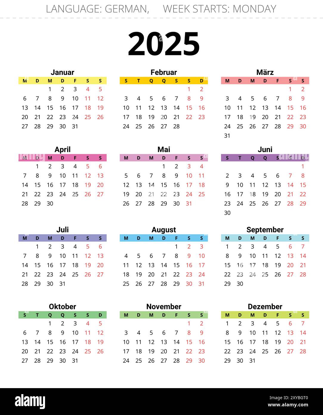  2025 year german calendar. Printable color vector illustration for 