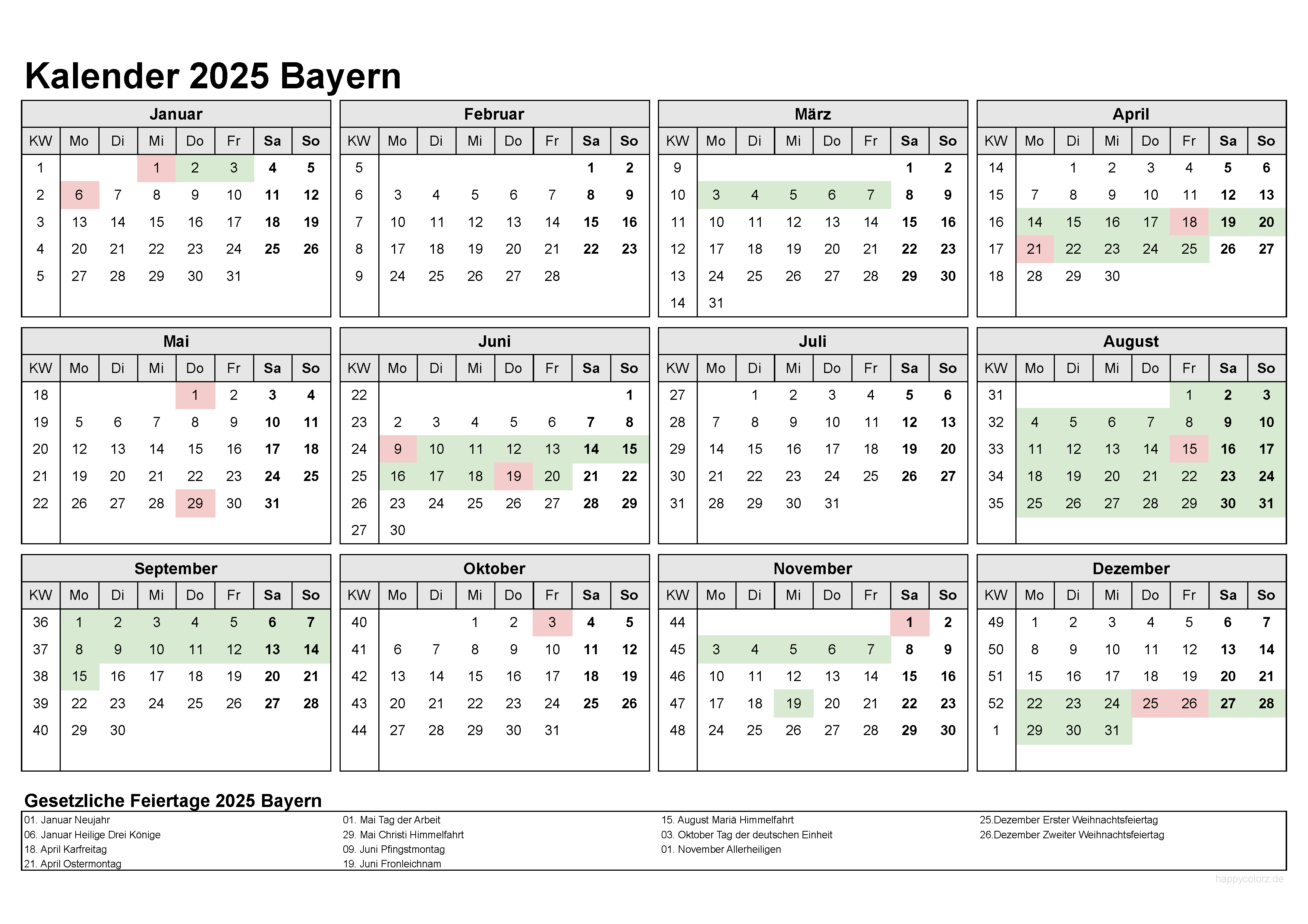  Kalender 2025 Bayern kostenlos: Ferien-Übersicht, Feiertage, PDF Motiv 