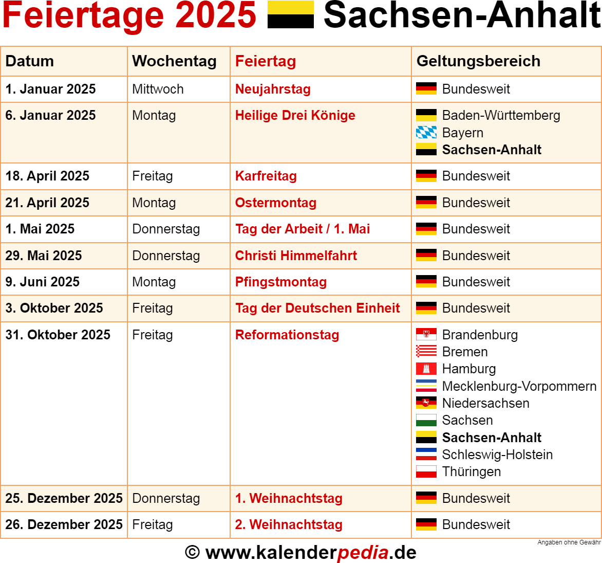  Feiertage Sachsen-Anhalt 2025 - Kalenderpedia Bildidee 