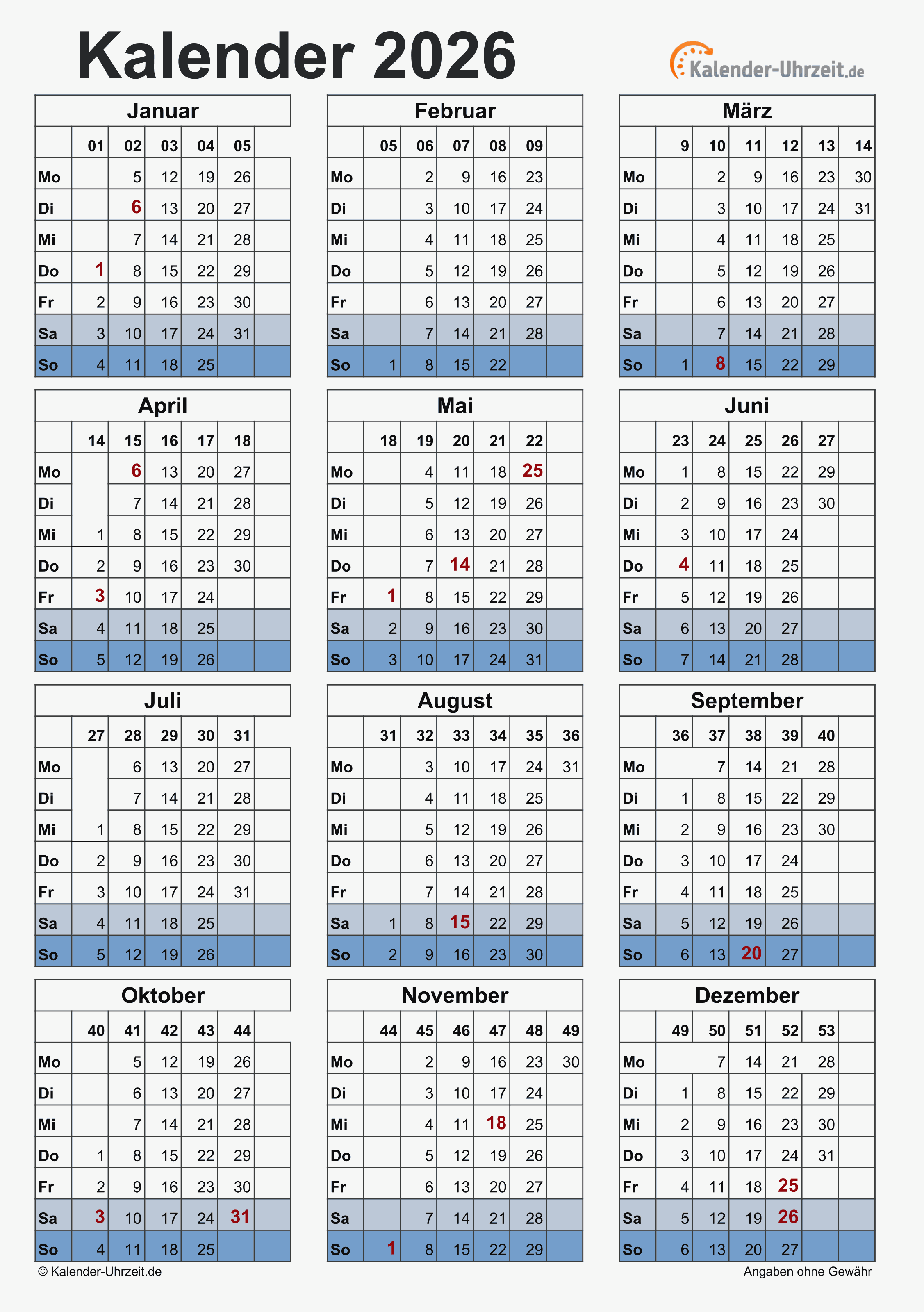  Kalender 2026 Zum Ausdrucken Kostenlos A4 